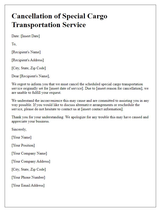 Letter template of special cargo transportation service cancellation