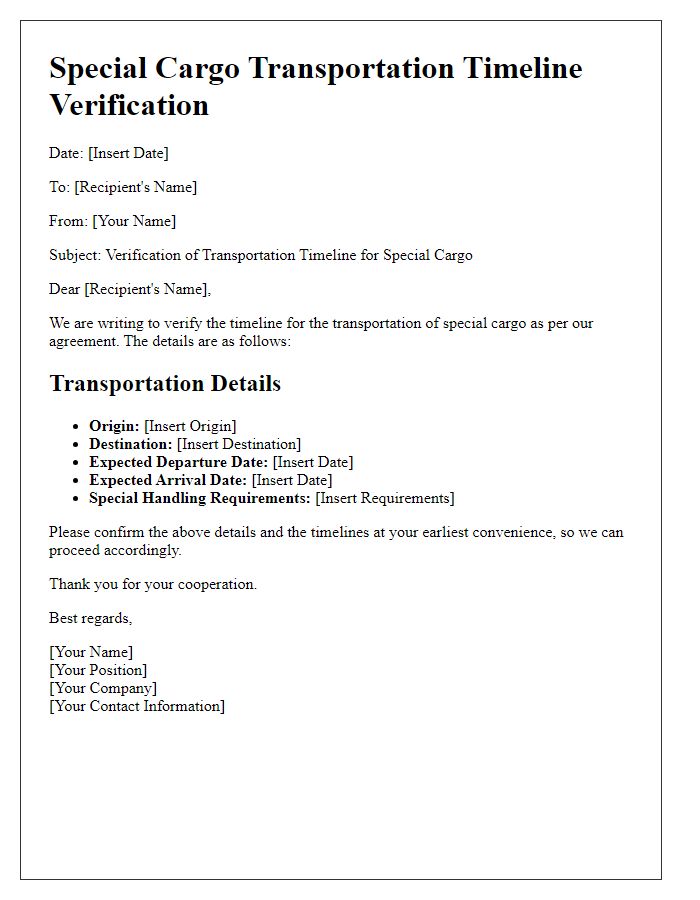 Letter template of special cargo transportation timeline verification