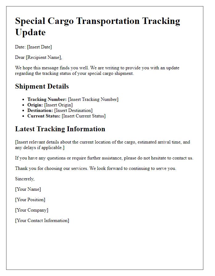 Letter template of special cargo transportation tracking update