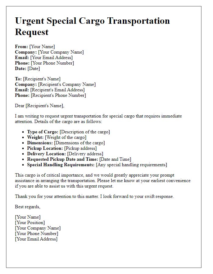 Letter template of urgent special cargo transportation request