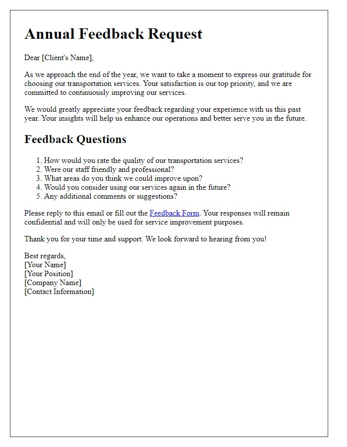 Letter template of transportation services annual feedback request