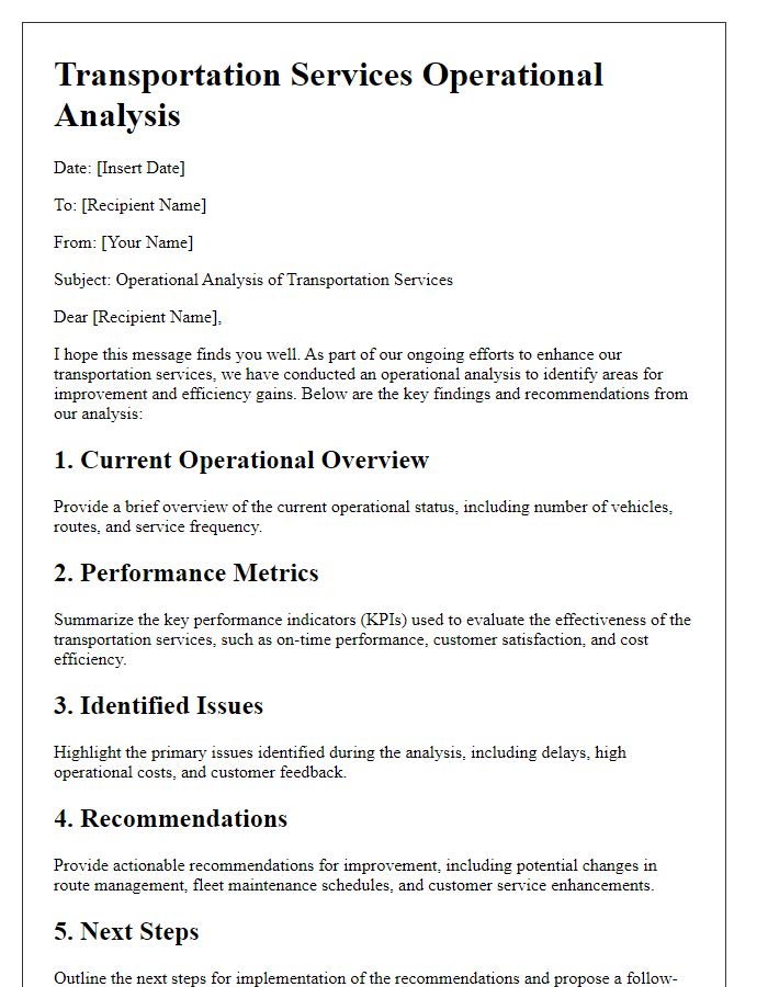 Letter template of transportation services operational analysis