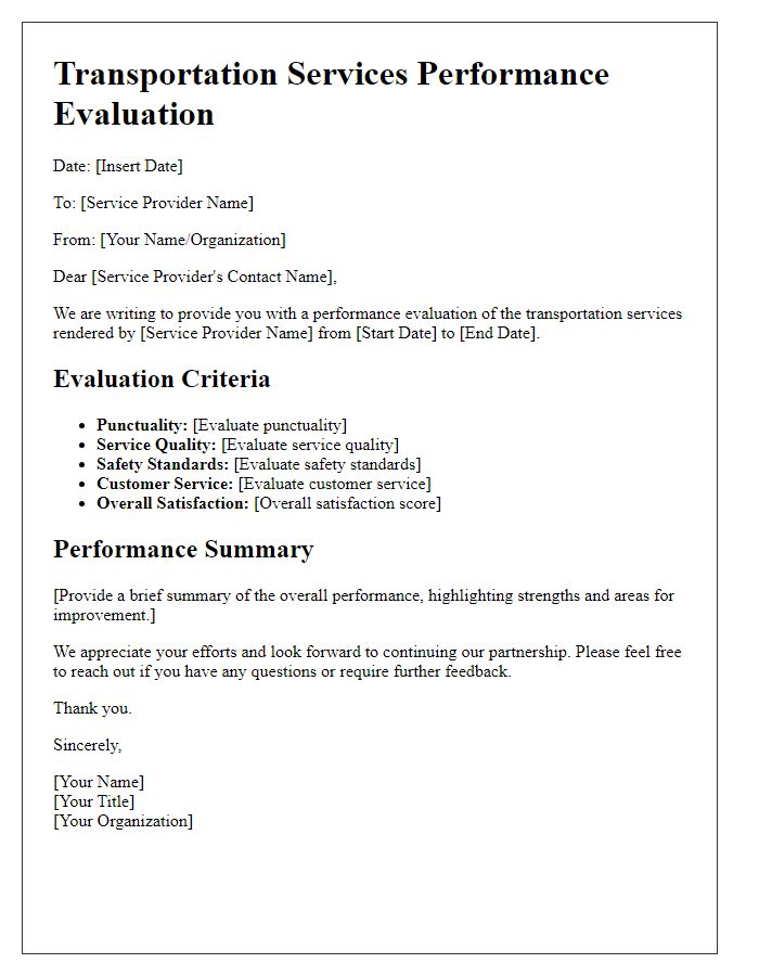 Letter template of transportation services performance evaluation