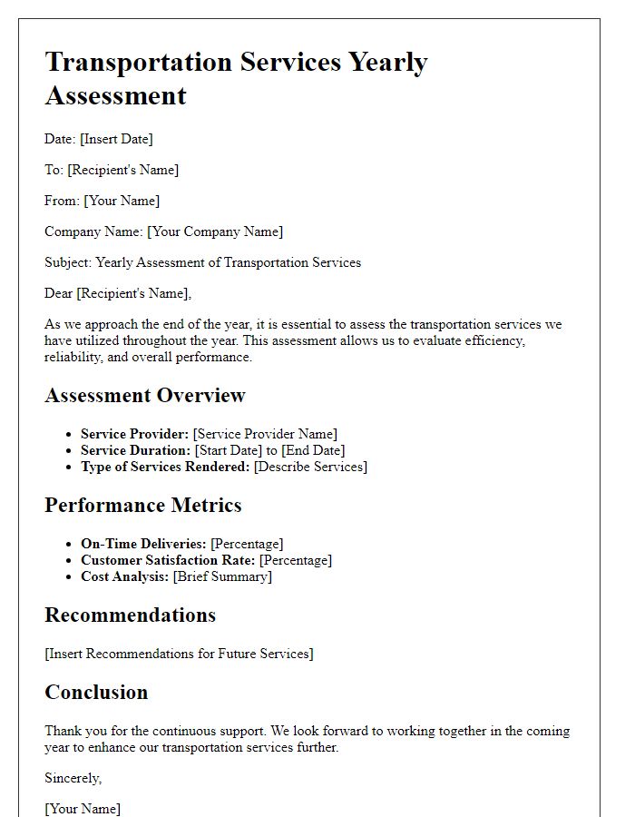 Letter template of transportation services yearly assessment