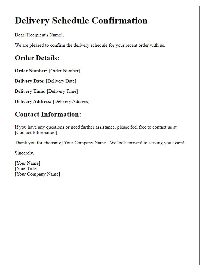 Letter template of delivery schedule confirmation