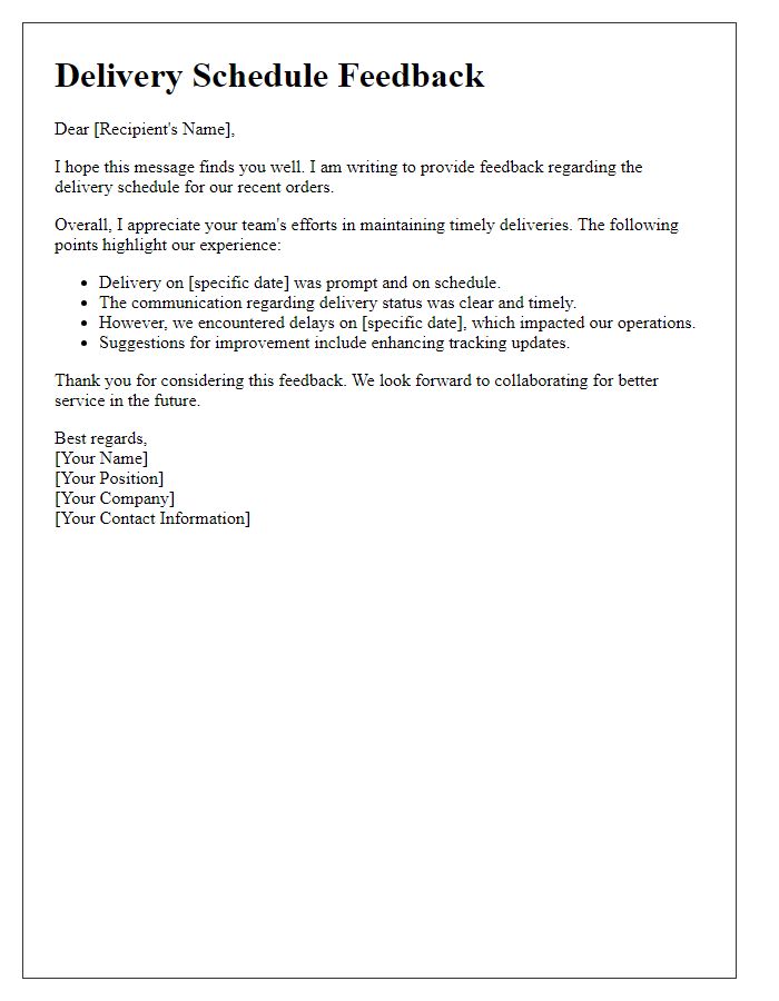 Letter template of delivery schedule feedback