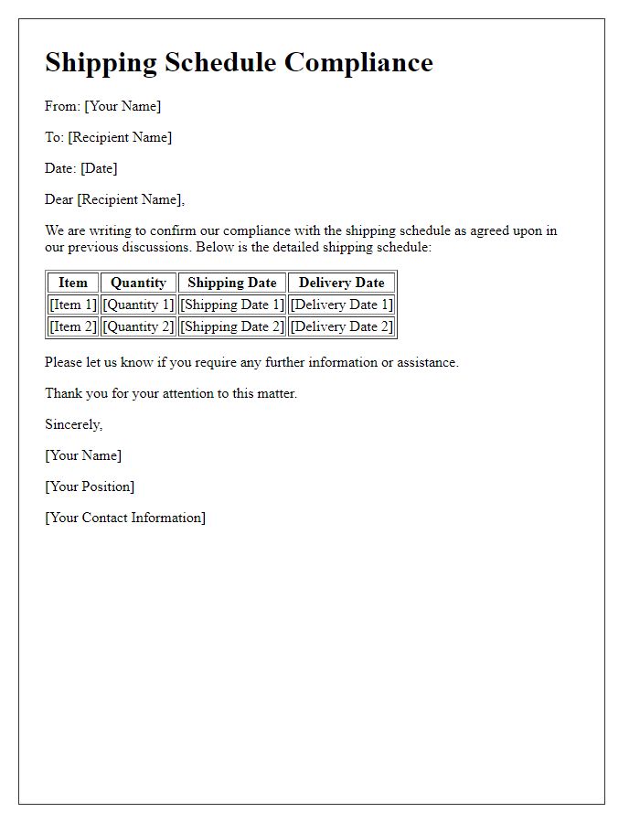 Letter template of shipping schedule compliance