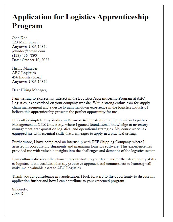 Letter template of application for logistics apprenticeship program