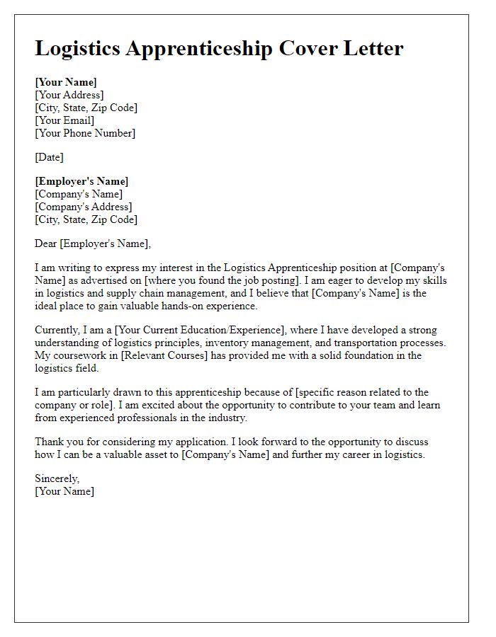 Letter template of logistics apprenticeship cover letter