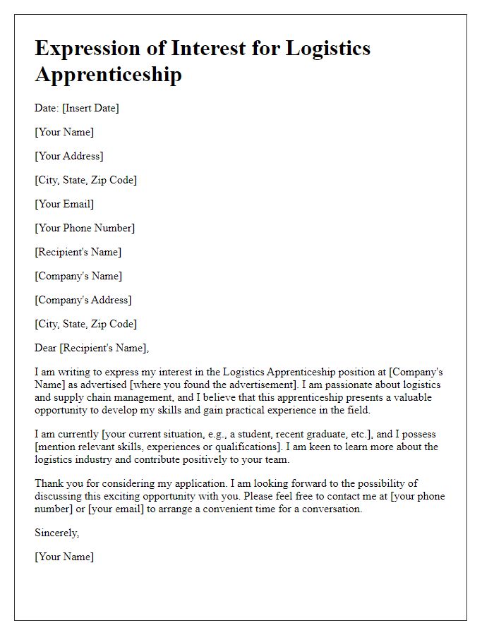 Letter template of logistics apprenticeship expression of interest