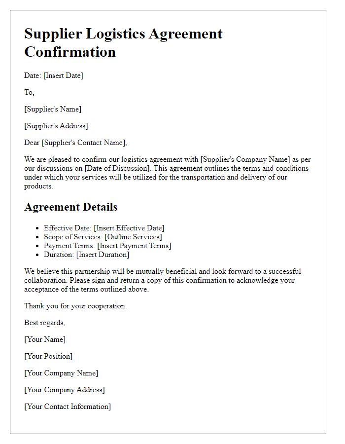 Letter template of Supplier Logistics Agreement Confirmation