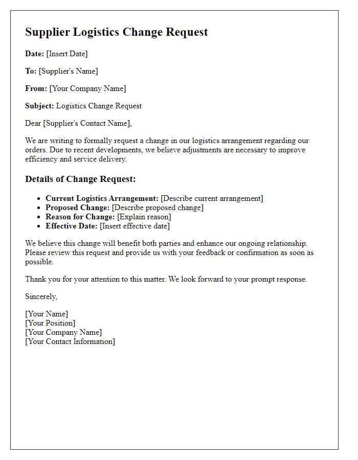 Letter template of Supplier Logistics Change Request