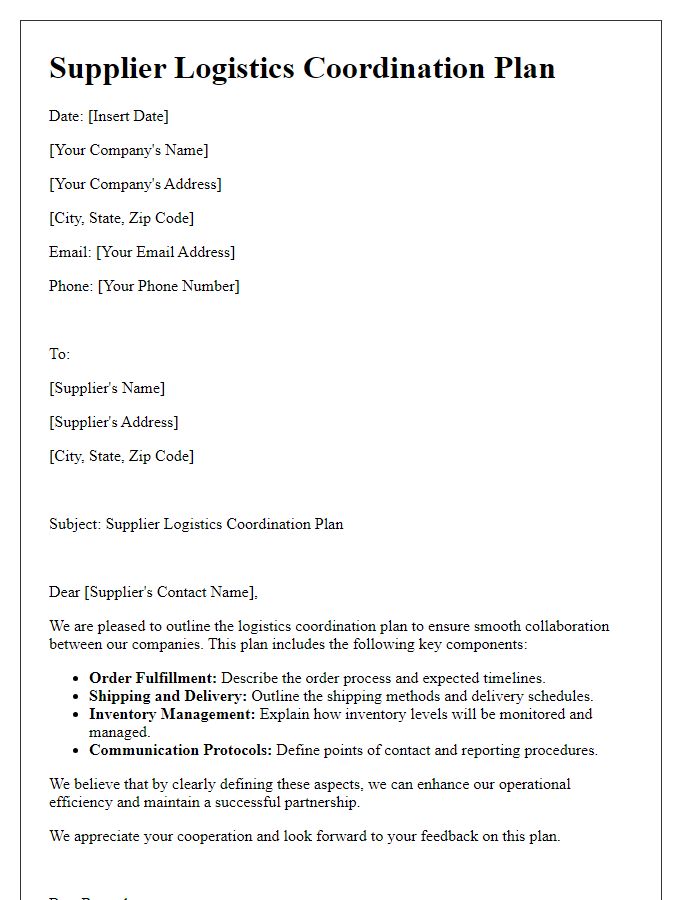 Letter template of Supplier Logistics Coordination Plan