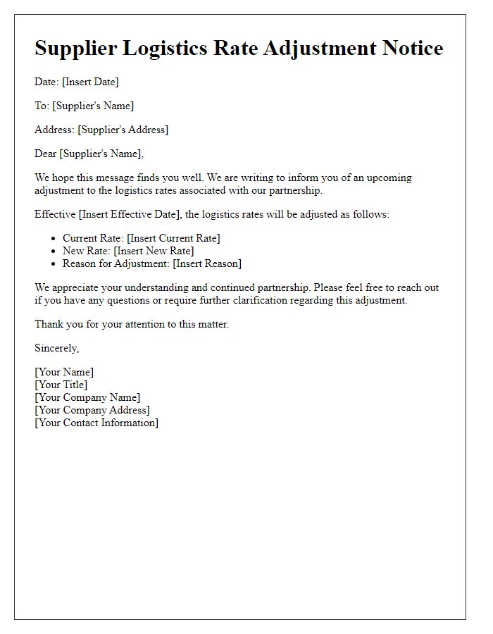 Letter template of Supplier Logistics Rate Adjustment Notice