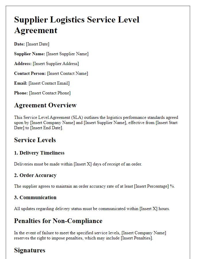 Letter template of Supplier Logistics Service Level Agreement