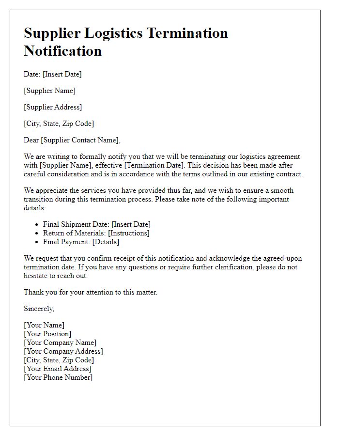 Letter template of Supplier Logistics Termination Notification