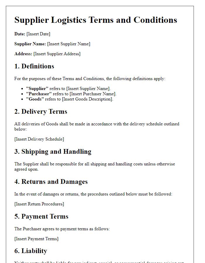 Letter template of Supplier Logistics Terms and Conditions