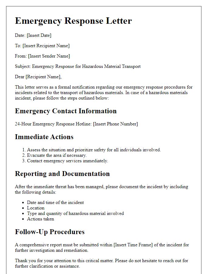 Letter template of emergency response for hazardous material transport.