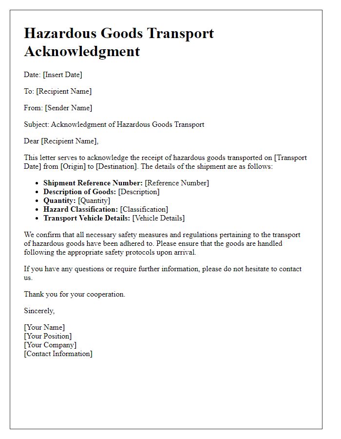 Letter template of hazardous goods transport acknowledgment.