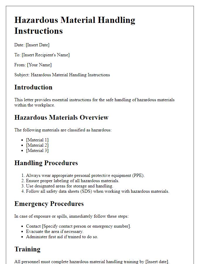 Letter template of hazardous material handling instructions.