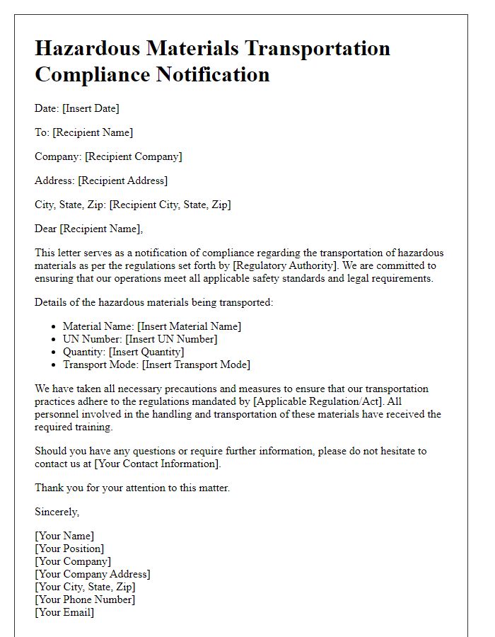 Letter template of hazardous materials transportation compliance notification.