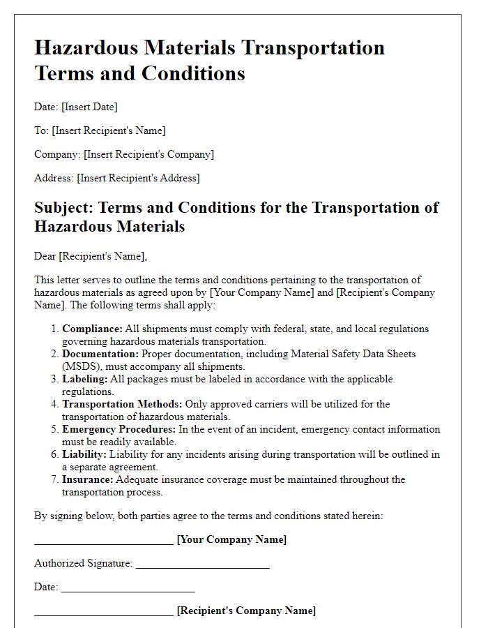 Letter template of hazardous materials transportation terms and conditions.