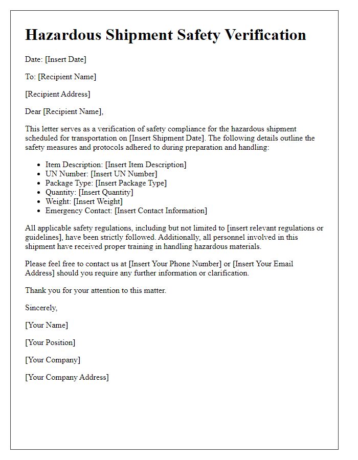 Letter template of hazardous shipment safety verification.