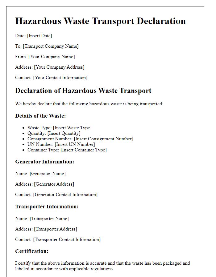 Letter template of hazardous waste transport declaration.