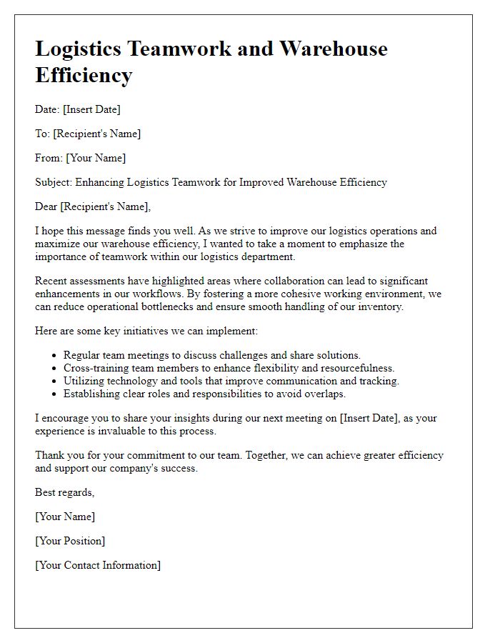 Letter template of logistics teamwork and warehouse efficiency