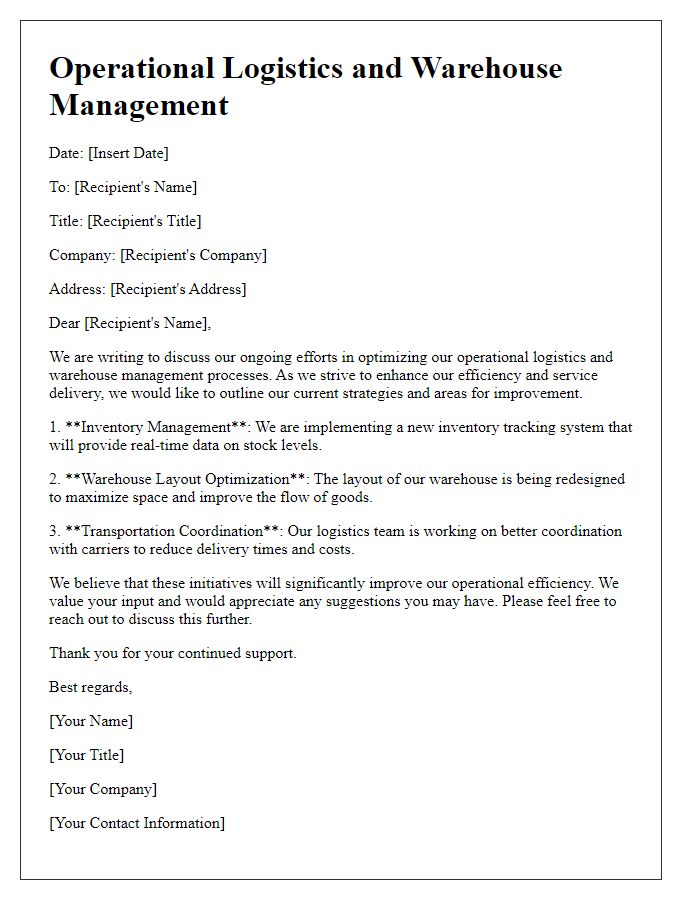 Letter template of operational logistics and warehouse management