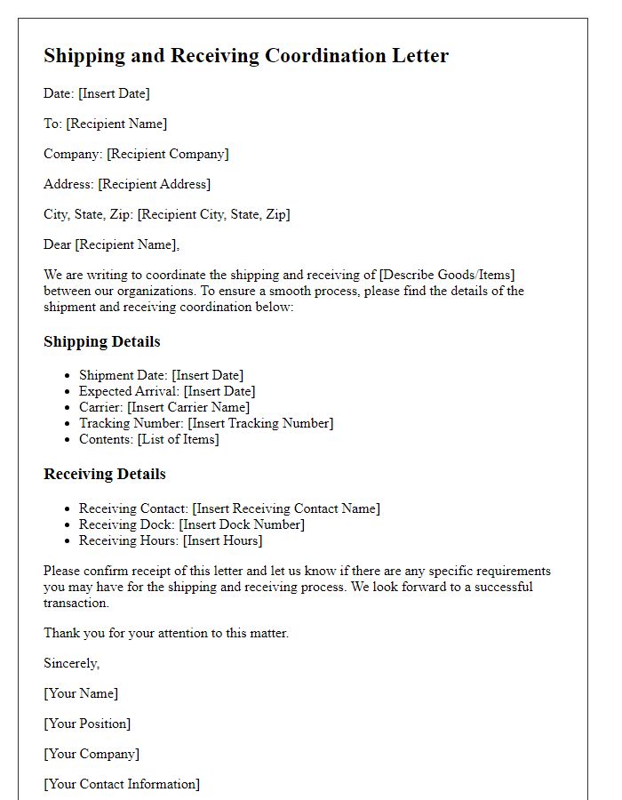 Letter template of shipping and receiving coordination