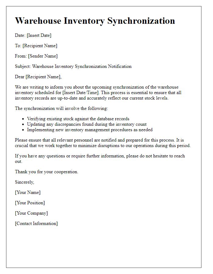 Letter template of warehouse inventory synchronization