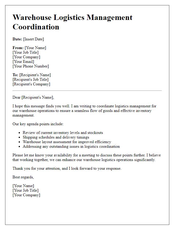 Letter template of warehouse logistics management coordination