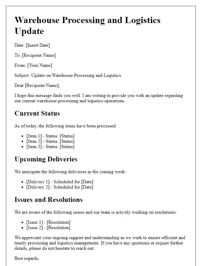 Letter template of warehouse processing and logistics communication