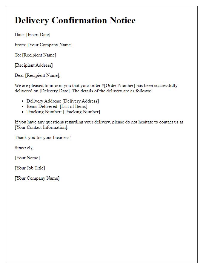 Letter template of delivery confirmation notice