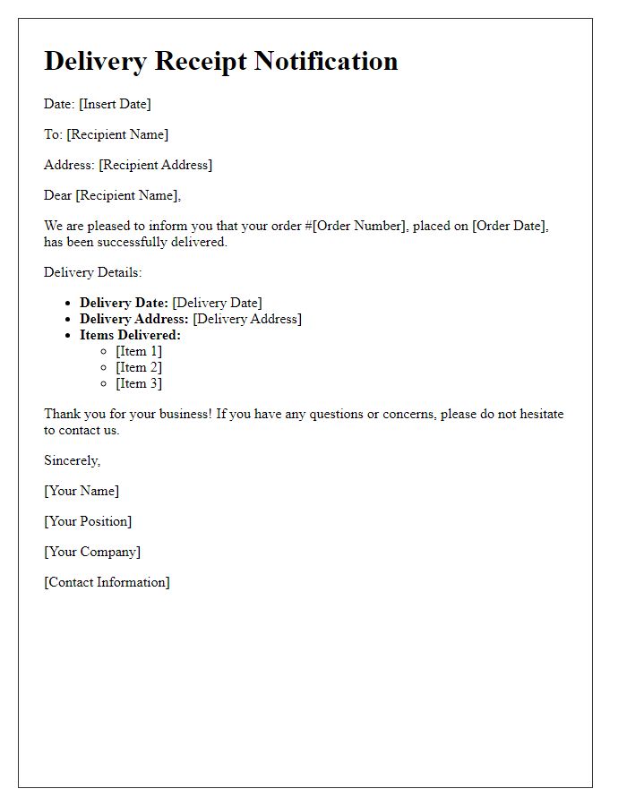 Letter template of delivery receipt notification