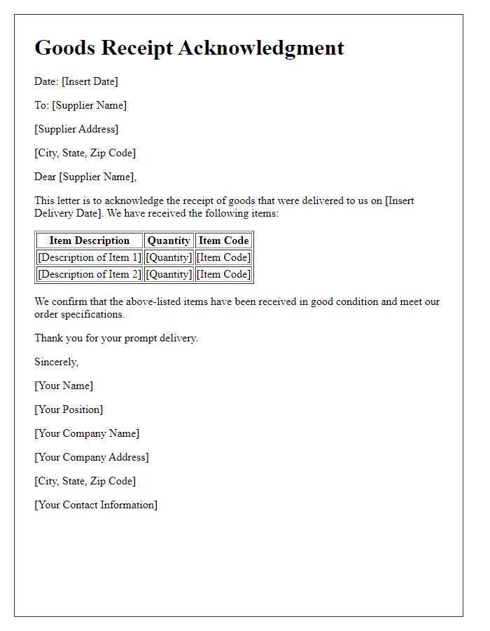 Letter template of goods receipt acknowledgment