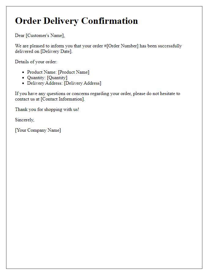 Letter template of order delivery confirmation