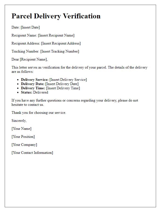 Letter template of parcel delivery verification