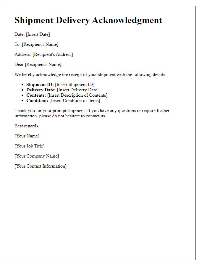 Letter template of shipment delivery acknowledgment