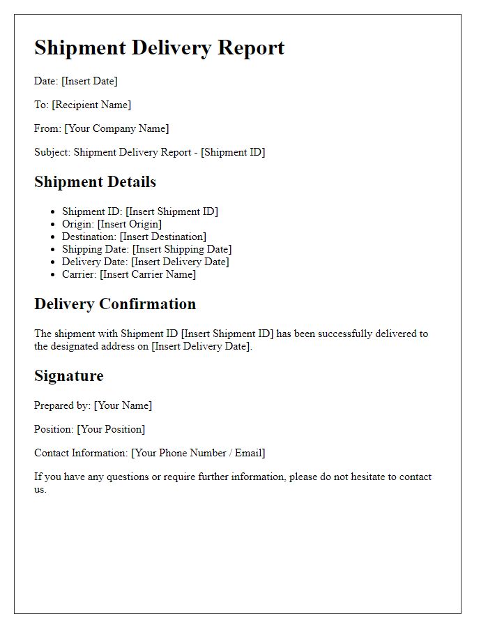 Letter template of shipment delivery report