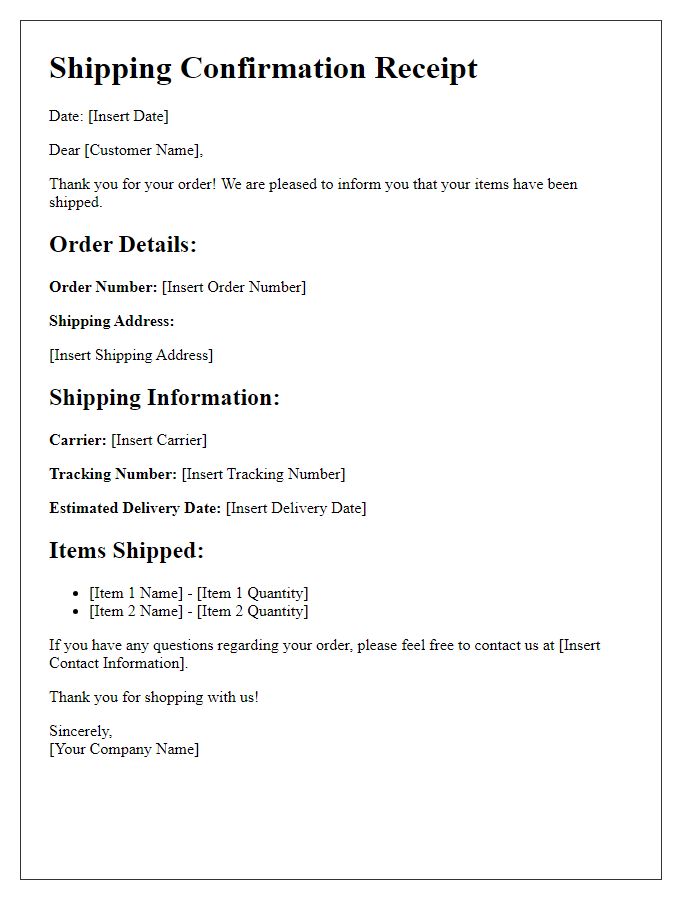 Letter template of shipping confirmation receipt