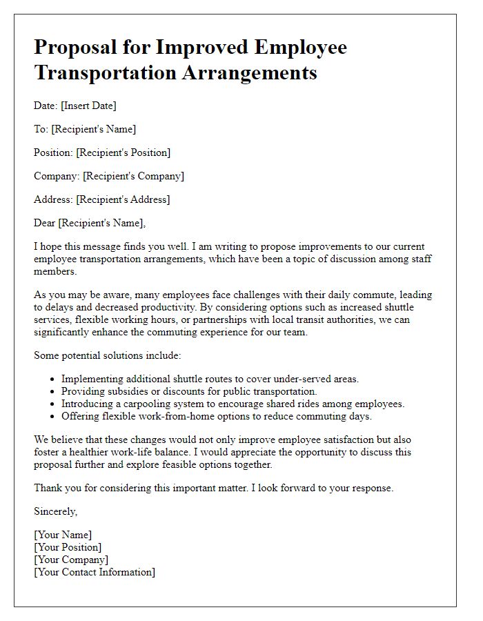 Letter template of proposal for improved employee transportation arrangements