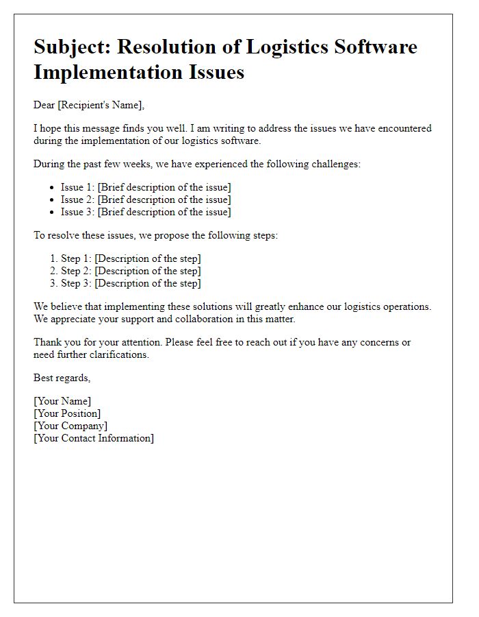 Letter template of logistics software implementation issue resolution