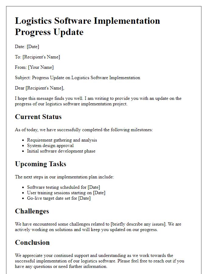 Letter template of logistics software implementation progress update