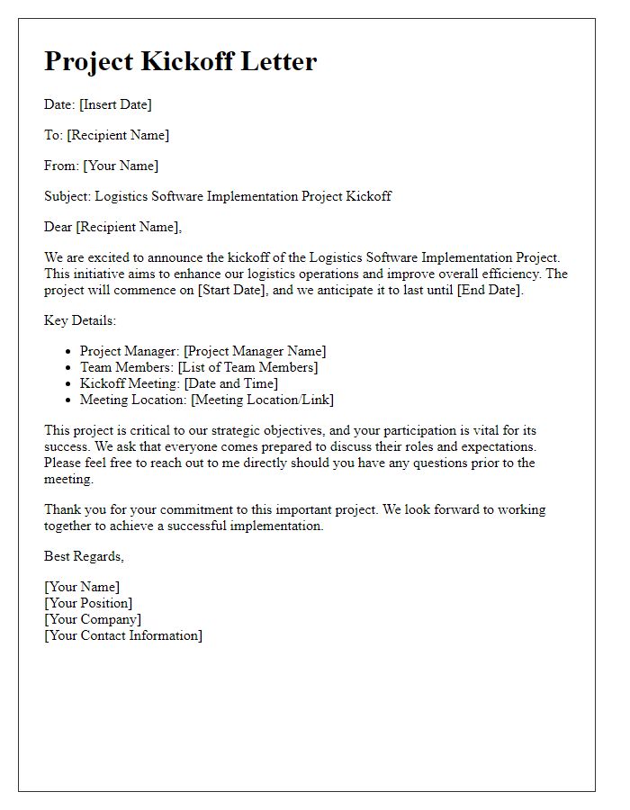 Letter template of logistics software implementation project kickoff