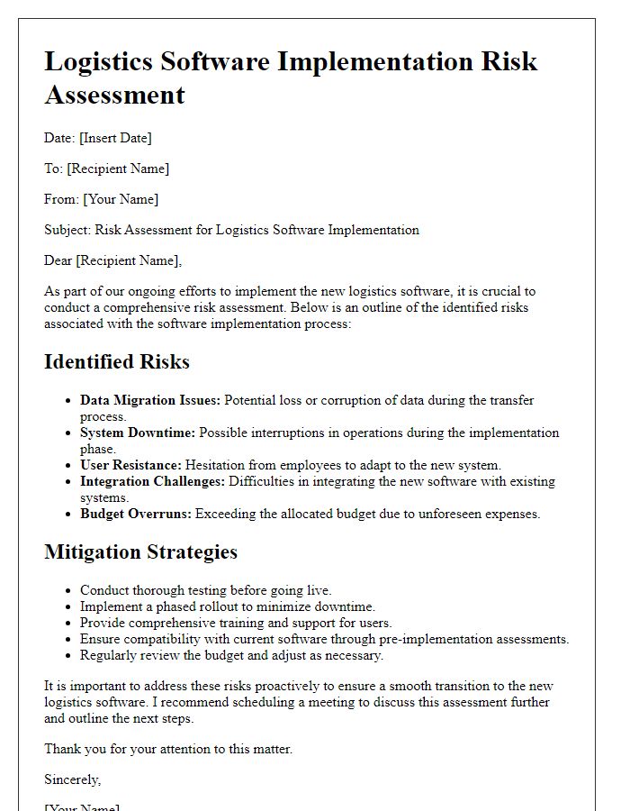 Letter template of logistics software implementation risk assessment