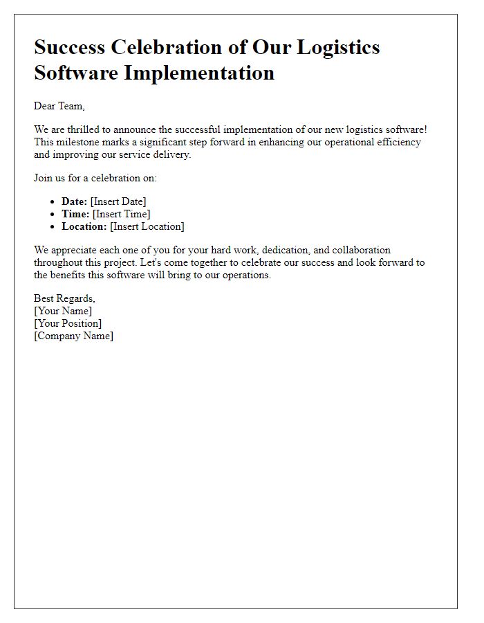 Letter template of logistics software implementation success celebration