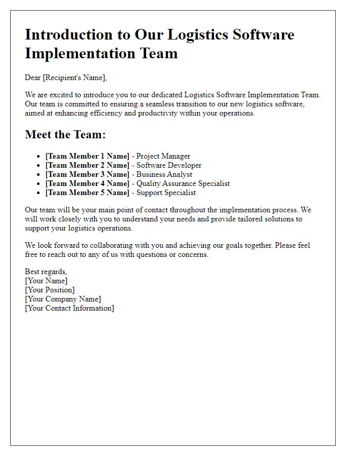 Letter template of logistics software implementation team introduction