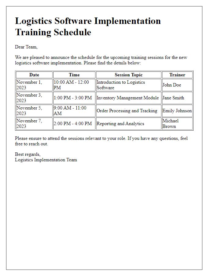 Letter template of logistics software implementation training schedule